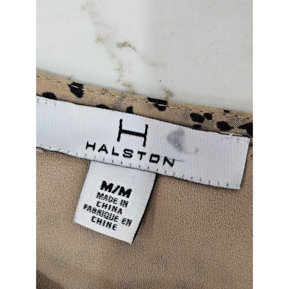 Halston Blouse Size Medium Babydoll Poet Tan Black Animal Print - Picture 7 of 9